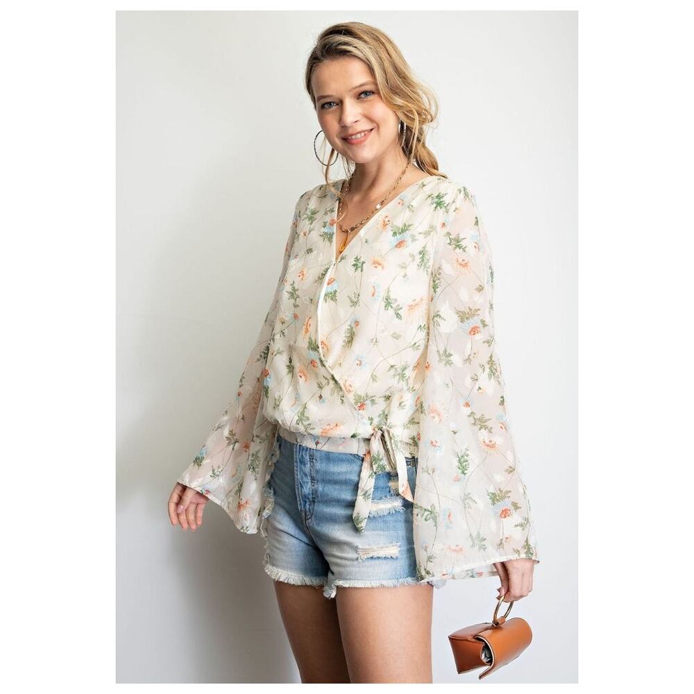 Easel Floral Print Boho Surplice Ivory Chiffon Blouse Tie Waist Long Sleeves, M